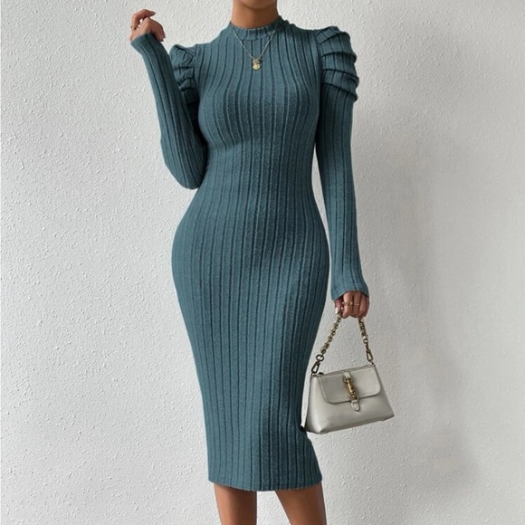 Elegant Mock Neck Puff Long Sleeve Ribbed Knit Bodycon Dress - Picture 4 of 16